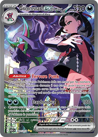 Grimmsnarl ex di Mary Ascesa Eroica carta Pokémon italiana SIR